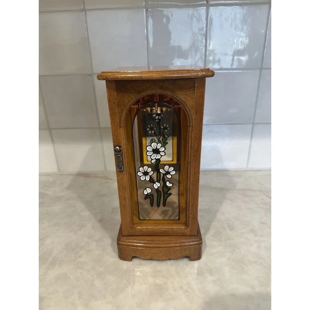 Vintage Wooden Jewelry Cabinet with Clear Floral Door, Mirror, & Necklace Hanger